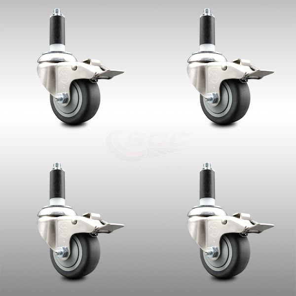 Service Caster 3 Inch 316SS Thermoplastic Rubber Swivel 1 Inch Stem Caster Set Lock Brake SCC-SS316TTLEX20S314-TPRB-1-4 - main